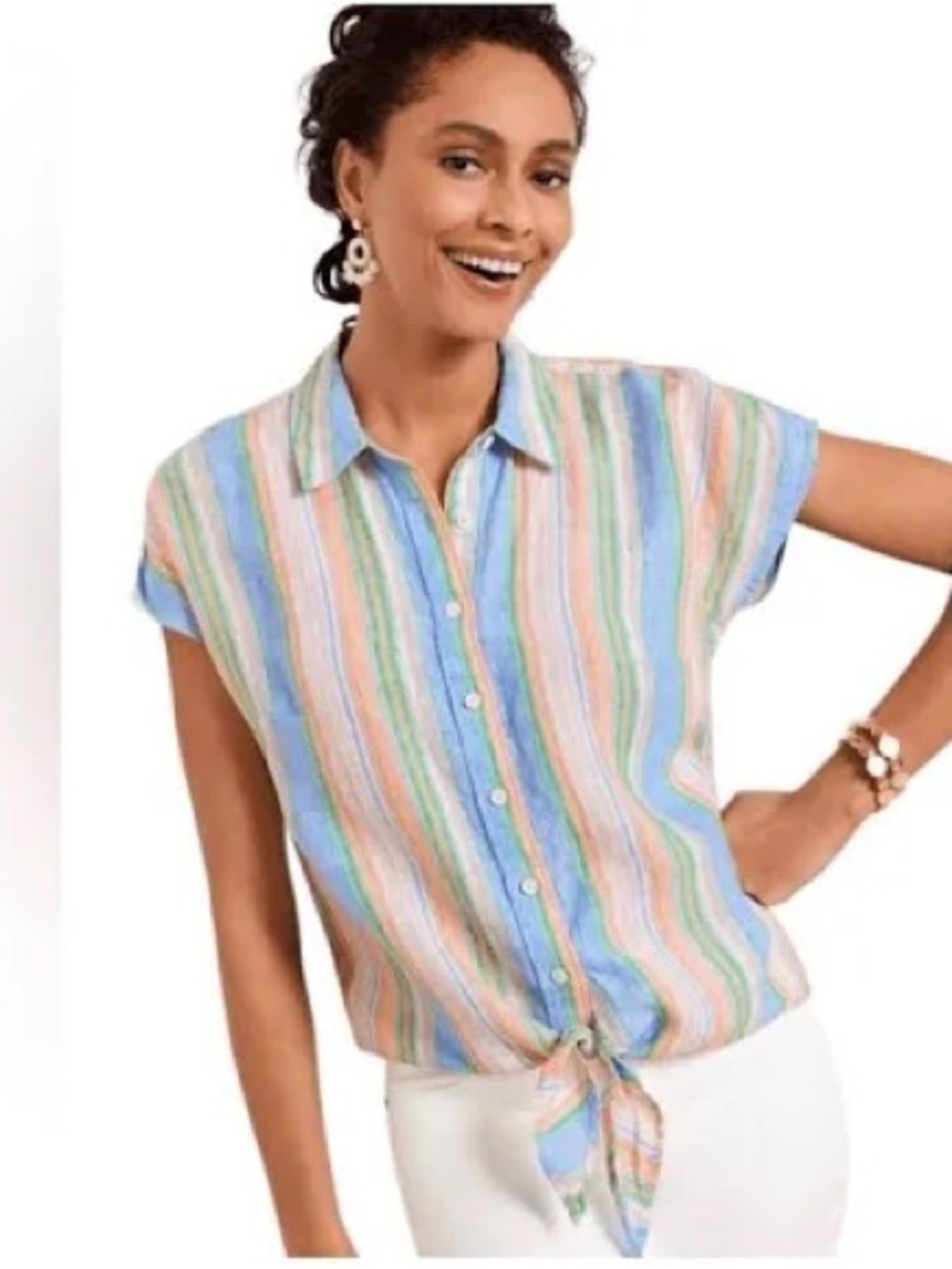 Talbots Linen Striped Tie-Front Button Shirt in Pastel Blue, Peach & Green